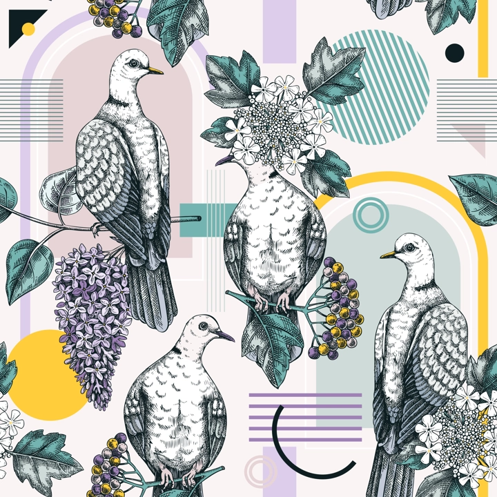 Collage style dove vector background. Hand-drawn bird on blooming lilac and guelder rose branches with flowers, berries, leaves. Trendy seamless pattern with botanical sketches and geometric shapes,